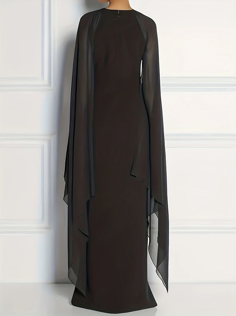 Elegant Plus Size Long Evening Dress With Slit & Batwing Sleeves - Stretchy Polyester Formal Gown For Women (Red, Blue, Black, 1XL-4XL)_voghion.com