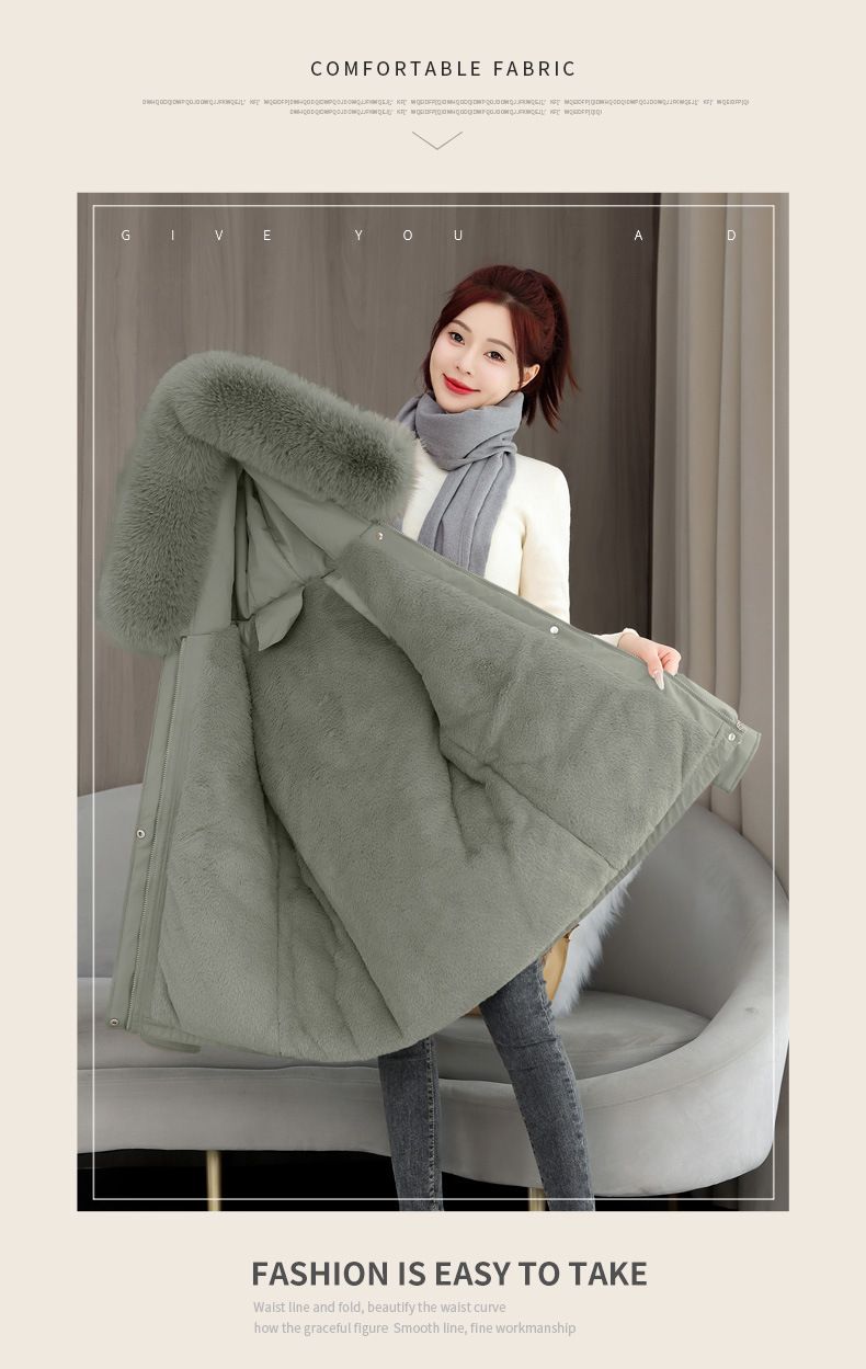 Damenbekleidung, Fleecegefütterter Parkamantel, warme Winterjacke mit Kapuze und Kaninchenfellbesatz, mittellange Pufferjacke, schmale Passform, Reißverschluss_voghion.com