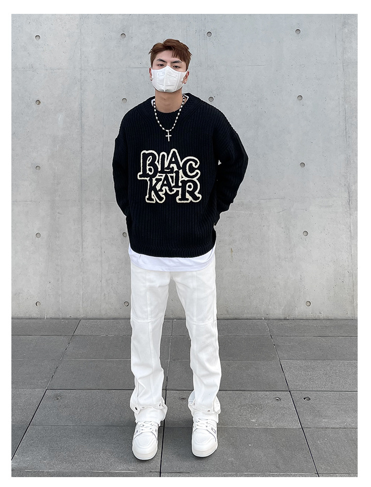 Schwarze Jeans mit Knöpfen im High Street Vibe-Stil für Herren, trendige Marke, lockere, gerade, röhrenförmige, gestapelte Schlaghose_voghion.com