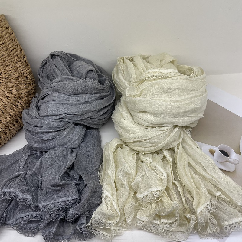 Gentle pure color lace lace scarf autumn decorative scarf women fashion everything with cotton shawl_voghion.com