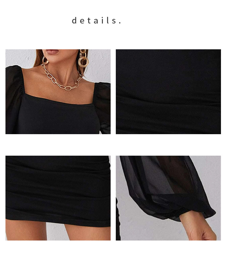 Sexy, hüftbetonter Damenrock mit quadratischem Ausschnitt für Damen, langärmliges, plissiertes, schmales Kleid mit Netzspleißung für Damen_voghion.com