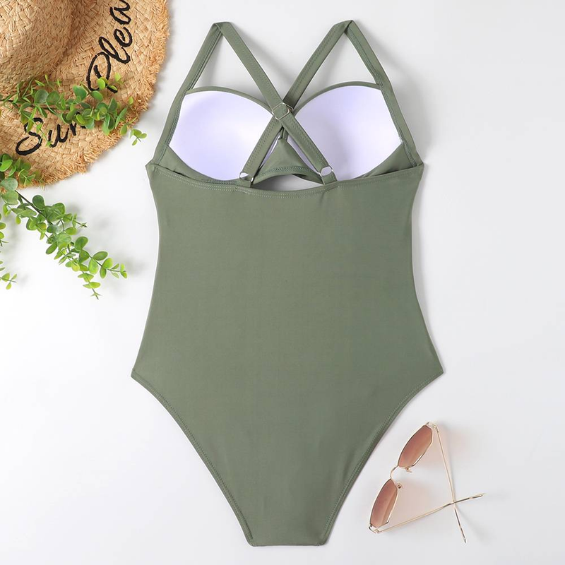 Maillot de bain une pièce à la mode pour femmes, maillot de bain décontracté une pièce imprimé léopard de couleur unie, taille haute_voghion.com