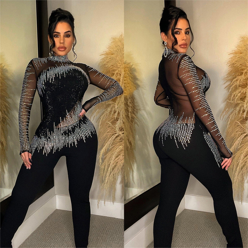Damenbekleidung Mode Damen Einfarbig Mesh Hot Diamond Langarmhose Jumpsuit_voghion.com