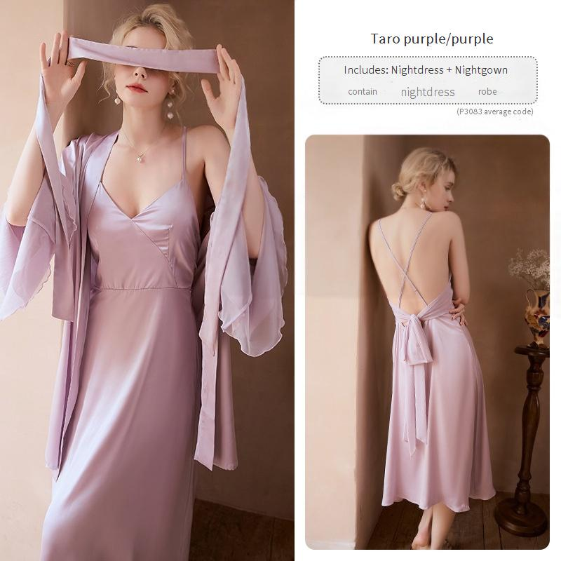 Sexy Nachtwäsche Bequemer, einfacher Pyjama aus Eisseide, Sling-Nachthemd mit Schnürung, äußere Robe, weiblicher Heimkleidungsanzug_voghion.com