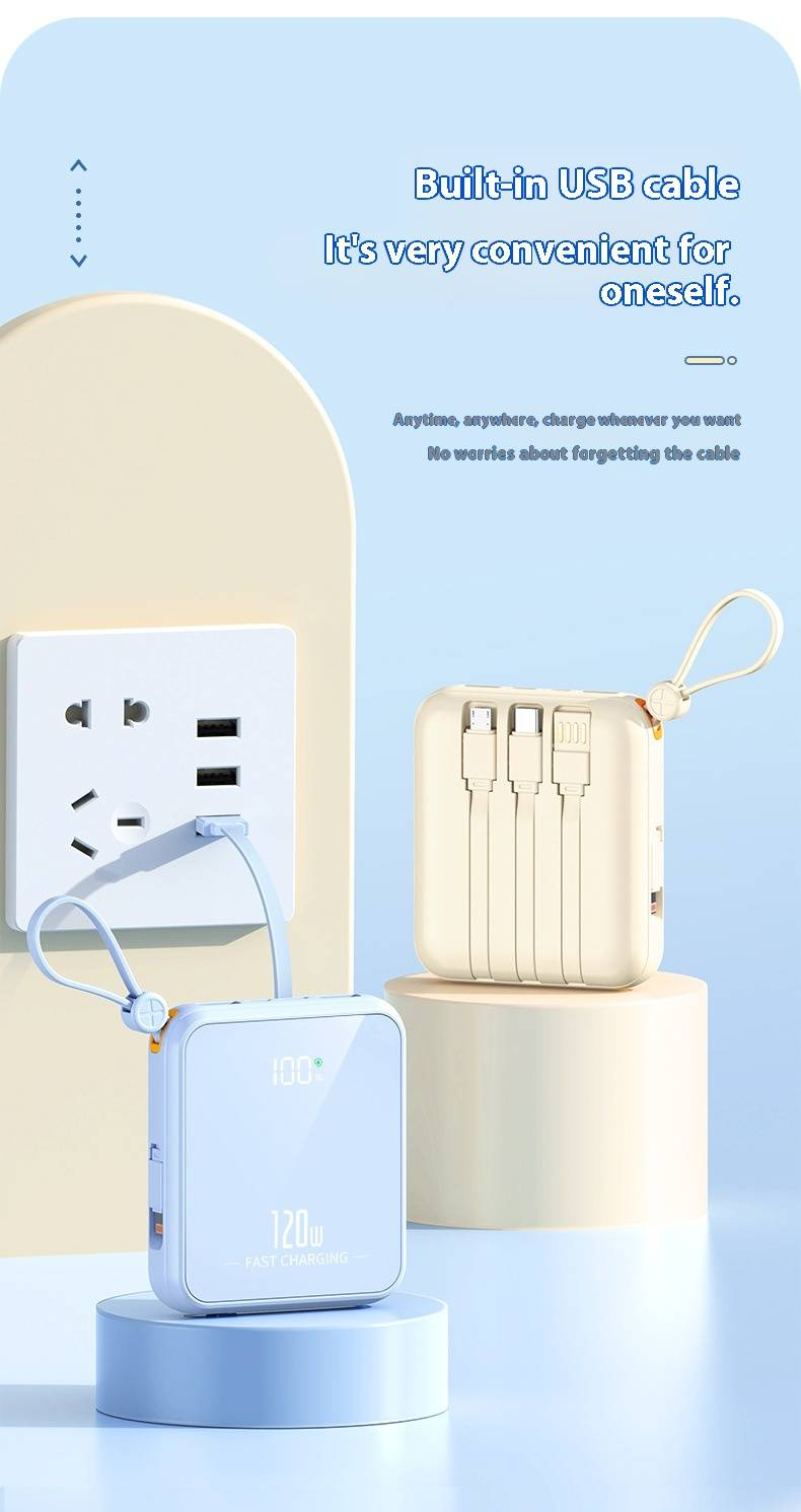 120W Super Fast Charging Power Bank, 10000mAh/20000mAh Mini Portable Charger With Built-in 4 Cables, PD20W Quick Charge, Compact & Stylish_voghion.com