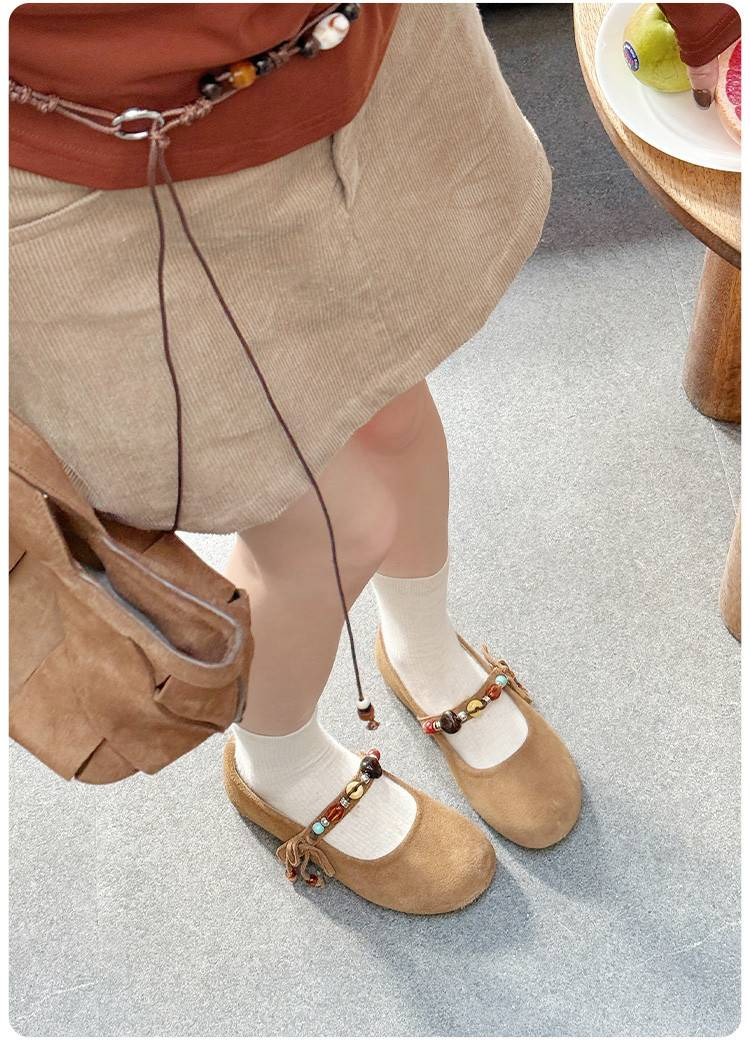 Cameido Barken Mary Jane Shoes For Women, 2025 Autumn Retro Ethnic Style Beaded Ankle Strap Inner Elevator Shallow Single Shoes_voghion.com