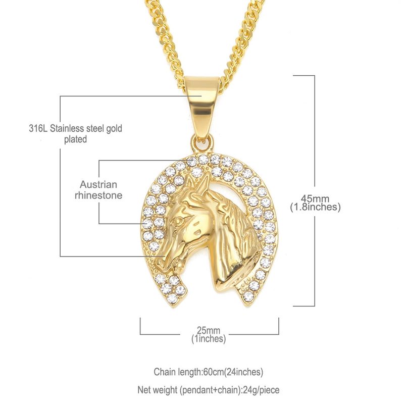 Men's Hip Hop Stainless Steel Horse Head Pendant Necklace With Diamond Accents, Gold Cuban Chain, Statement Jewelry For Men_voghion.com