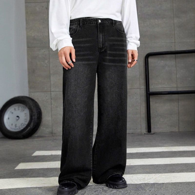 Herren-High-Street-Jeans aus gewaschenem Denim – entspannte gerade Passform, klassischer Cat-Whisker-Distressing, vielseitige Freizeithose für den Alltag_voghion.com