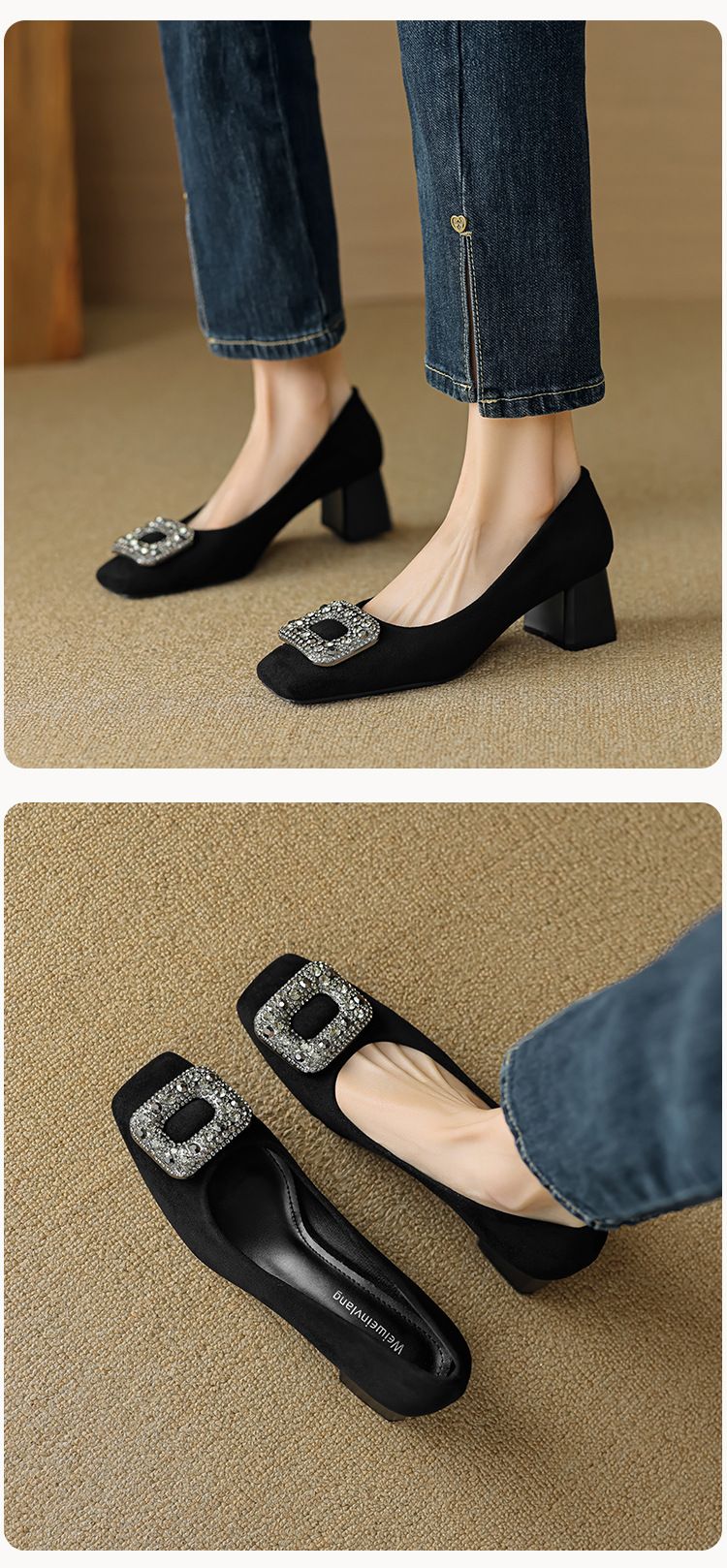 Scarpe con tacco alto francesi da donna, con strass, un pedale, nere, leggere, con tacco spesso, singole, da donna_voghion.com
