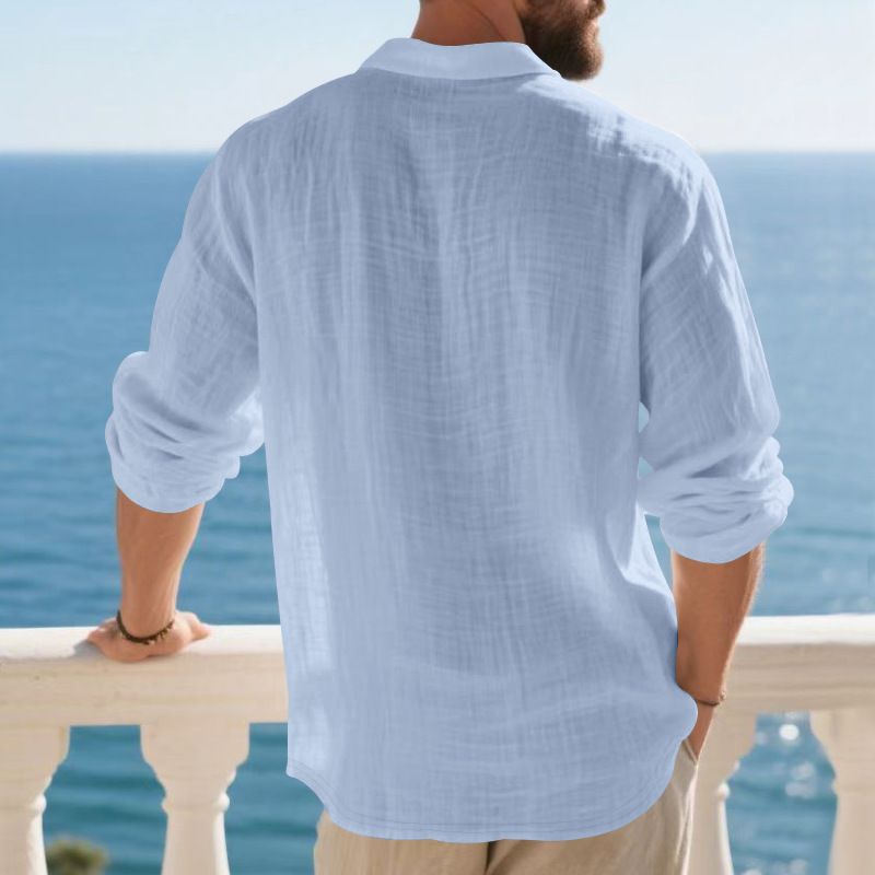 Herren-Leinenhemd mit Knopfleiste – Relaxed Fit Langarm-Polo mit Stehkragen (S-XXXL, atmungsaktiv und knitterfrei, Marineblau/Schwarz/Khaki)_voghion.com