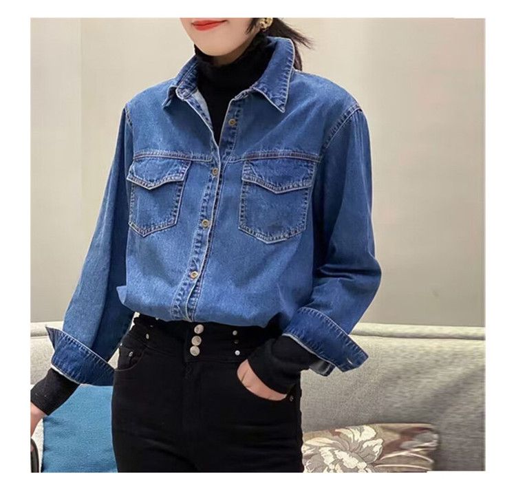 Vintage Jeanshemd im Hong Kong-Stil für Damen – Retro-blaues Oversized-Button-Down-Shirt mit klassischem Kragen, Freizeit- und Bürokleidung_voghion.com