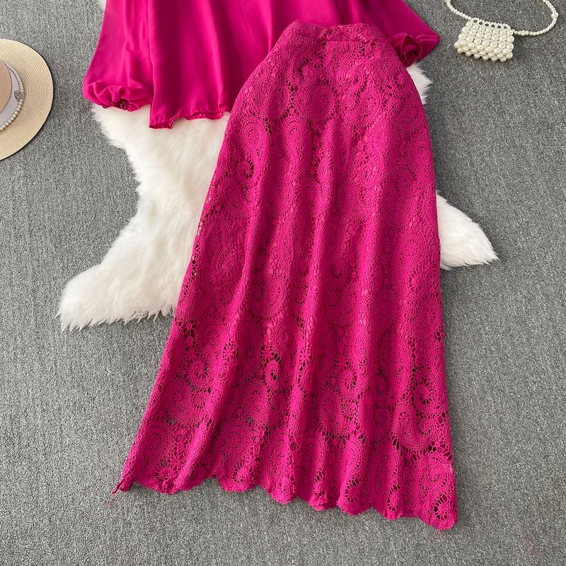 Camicia da donna con fiocco, scollo rotondo, maniche a lanterna, top, tuta, gonna a vita alta in pizzo sottile e patchwork_voghion.com