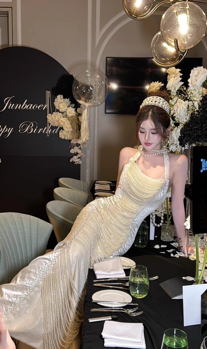 Women's Clothing Morning Robe Toast Dress Pearl Banquet Fishtail Evening Dress_voghion.com