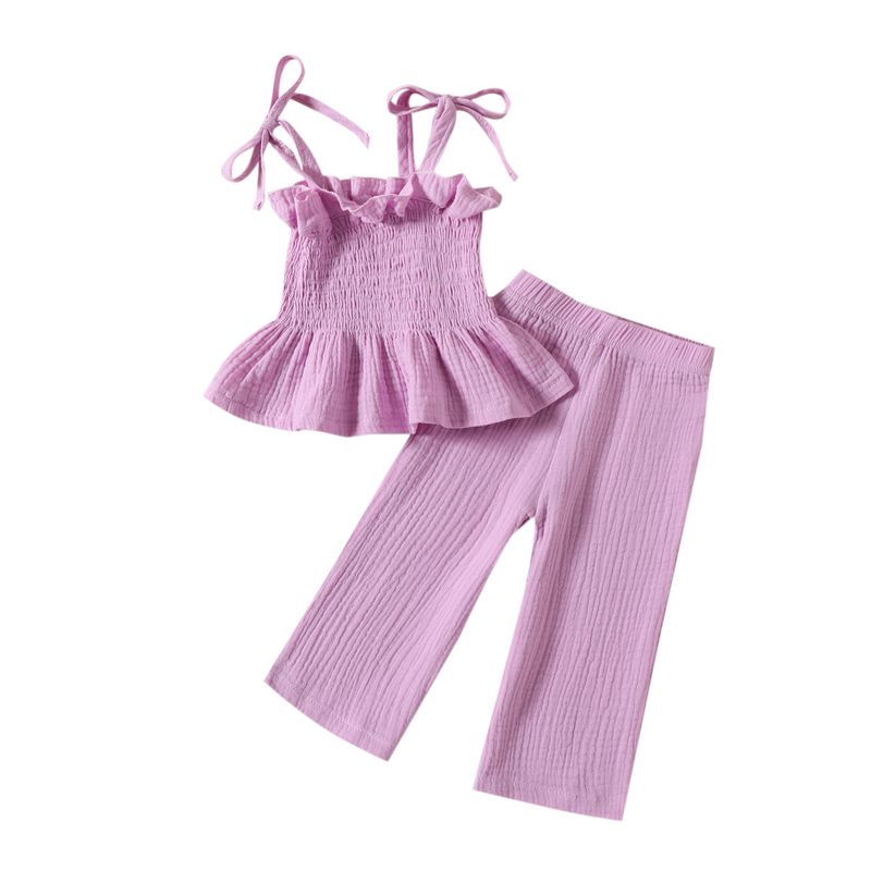 Mother&Kids Set estivo in due pezzi per neonati e ragazze con cinturino in pizzo e spalline in tinta unita, pantaloni a gamba dritta, pantaloni a vita bassa_voghion.com