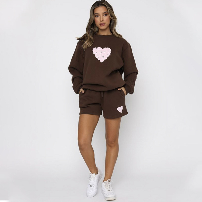 Women's fashion casual printed shorts two-piece set plus fleece long-sleeved hoodie set_voghion.com