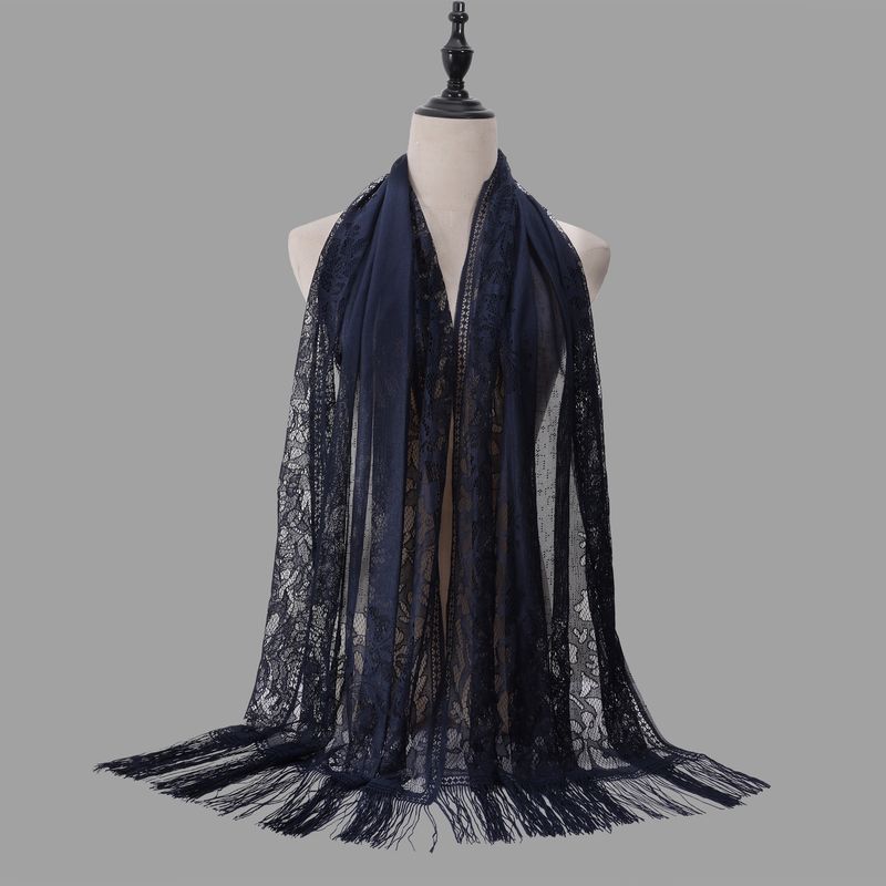 Malaysian Long Scarf Shawl - Solid Color Lace Hijab With Hollow Tassel (Silk Blend, Summer Wear, Women's Fashion)_voghion.com