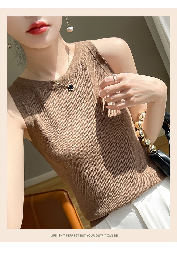 Spring Summer New Thin Wool Knitted Sweater With Camisole And Sleeveless Vest, Women's Round Neck Inner Layer As A Base_voghion.com