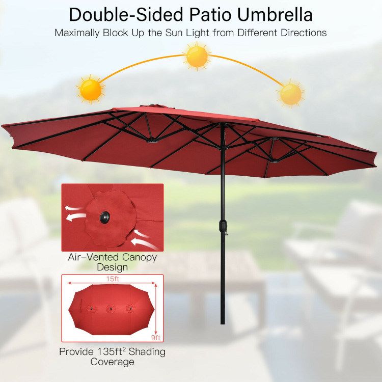15 Feet Double-Sided Twin Patio Umbrella with Crank and Base_voghion.com