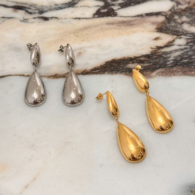 Real Gold Electroplated Titanium Steel Retro Polished Surface Teardrop Gold And Silver Earrings_voghion.com