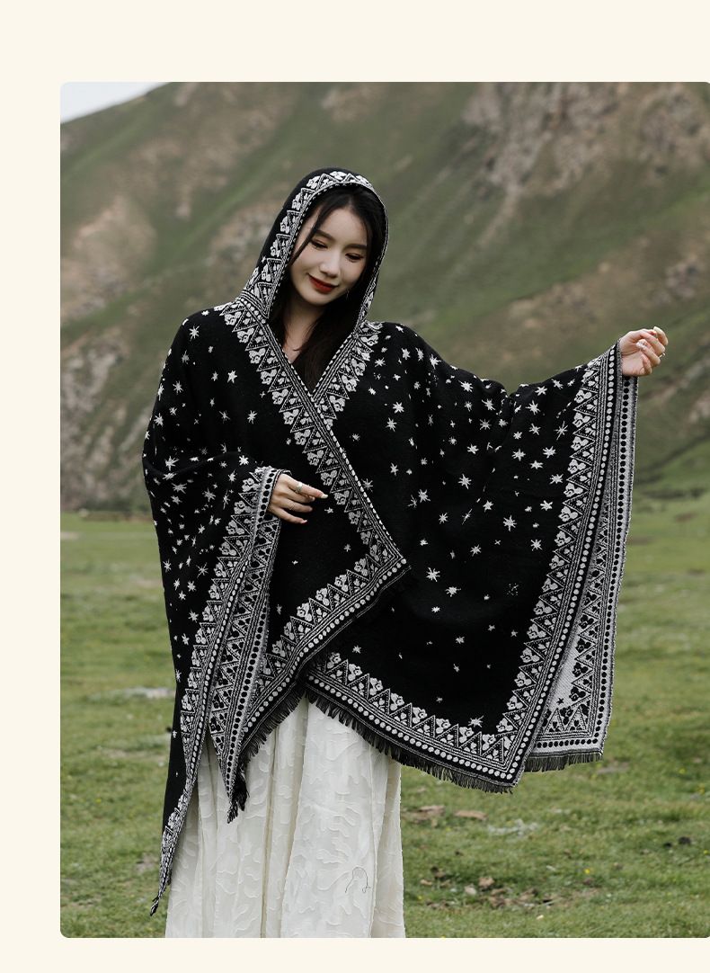 Ethnic style hat, shawl, split cape, Qinghai grassland, northwest tourism, taking photos, keeping warm, wearing a cloak_voghion.com