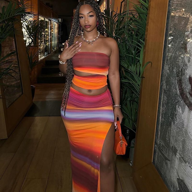 Women's Clothing Gradient Printing Sleeveless Sexy Tube Top Slim Hip Skirt Suit_voghion.com
