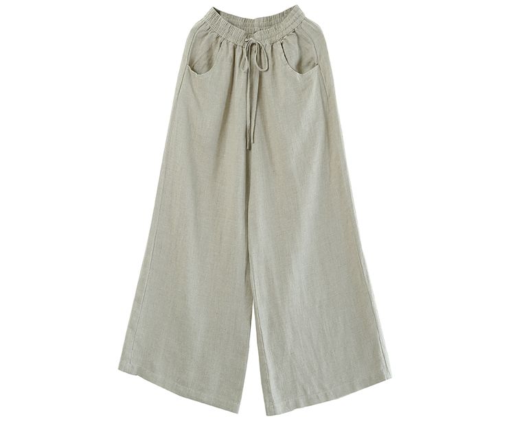 2023 Spring Summer Korean Cotton Loose Plus Size Wide Leg High Waist Floor-Length Straight Linen Women's Pants_voghion.com
