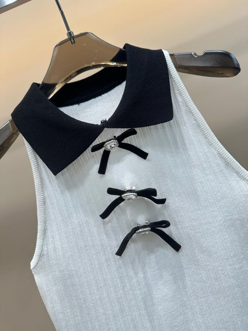 2025 Nuovo stile estivo, accessori profumati con fiocco, color-block, colletto rovesciato, pullover senza maniche in maglia_voghion.com