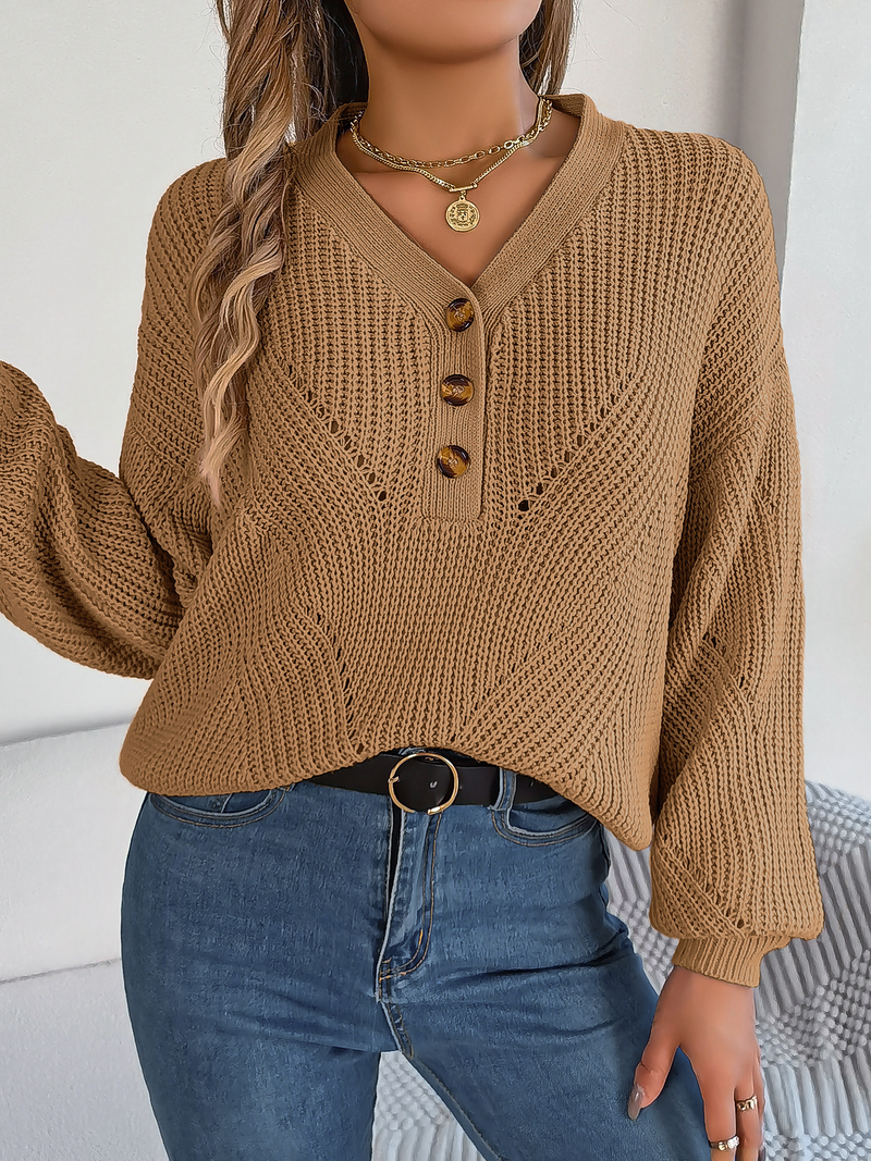 Maglione da donna con scollo a V e maniche a lanterna cava, maglione oversize, top casual in maglia tinta unita_voghion.com
