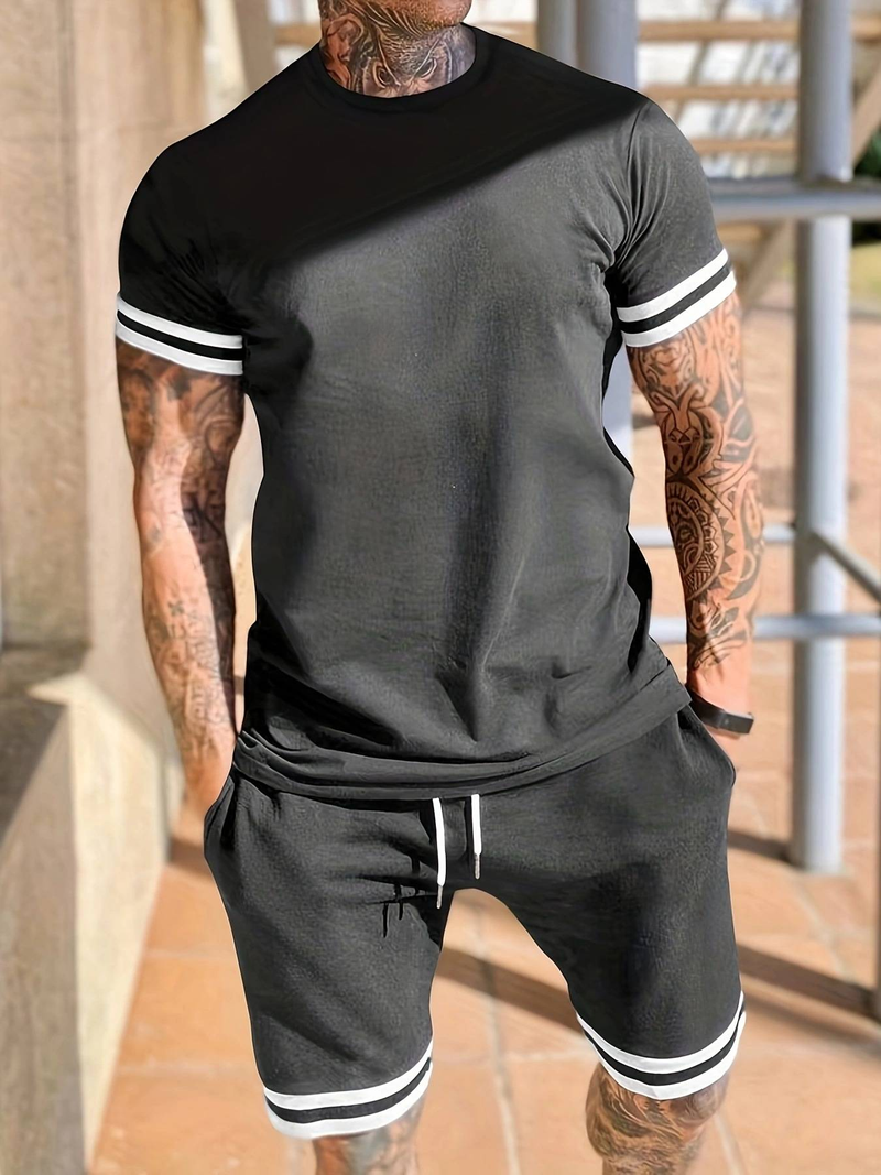 Ensemble deux pièces pour homme, t-shirt à manches courtes et col rond, style sportif et décontracté_voghion.com