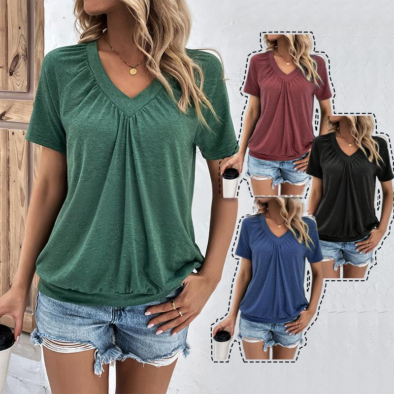 Maglietta casual a maniche corte da donna, in cotone, girocollo, per tutti i giorni_voghion.com