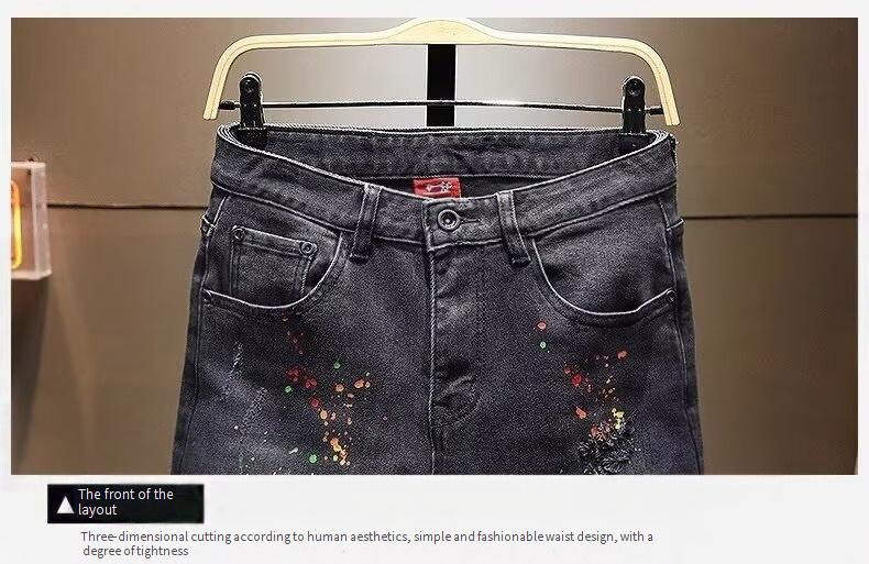 Roupas masculinas, jeans preto e cinza com pintura riscada, calça slim com buracos e respingos de tinta_voghion.com