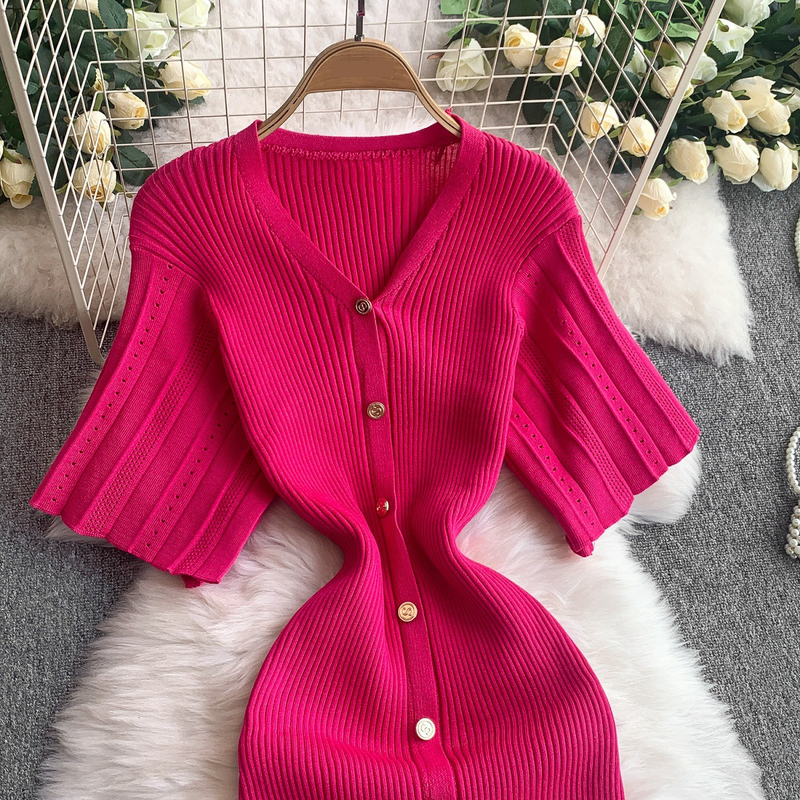 Women's Clothing Elegant V Neck Single Breasted Short Sleeved Dress Knitted Elastic Waist Hollow Fishtail Long Skirt_voghion.com