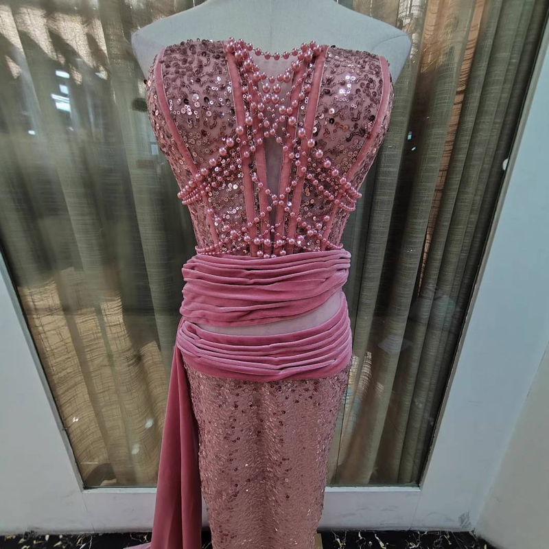 Elegant Glitter Velvet Slit Maxi Dress With Sash - Strapless Formal Gown For Parties & Evening Events_voghion.com