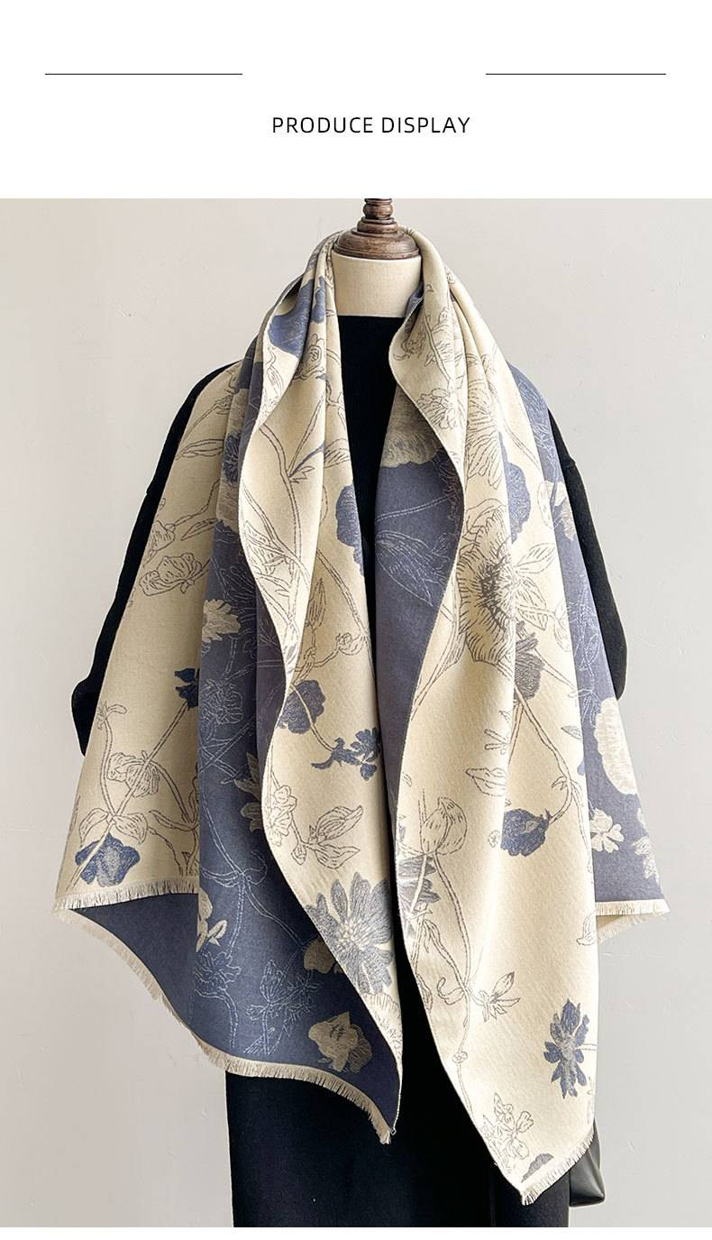 Dwustronny szal z imitacji kaszmiru – zimowy, ciepły, kwiatowy szal dla kobiet i na prezent (w stylu koreańskim, dwustronny, miękki i przytulny)_voghion.com
