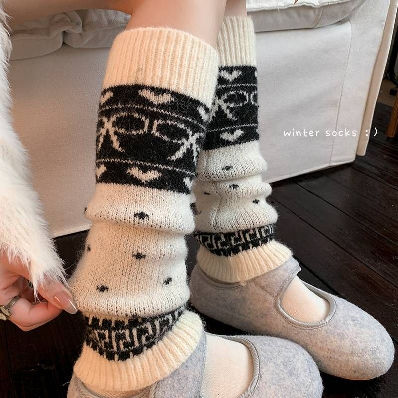 Beinstulpen Bootshang Baumwollsocken für Damen Herbst und Winter Wolle Warm Dick Schleife Retro Maillard Heavy Industry Fair Isle Strümpfe_voghion.com