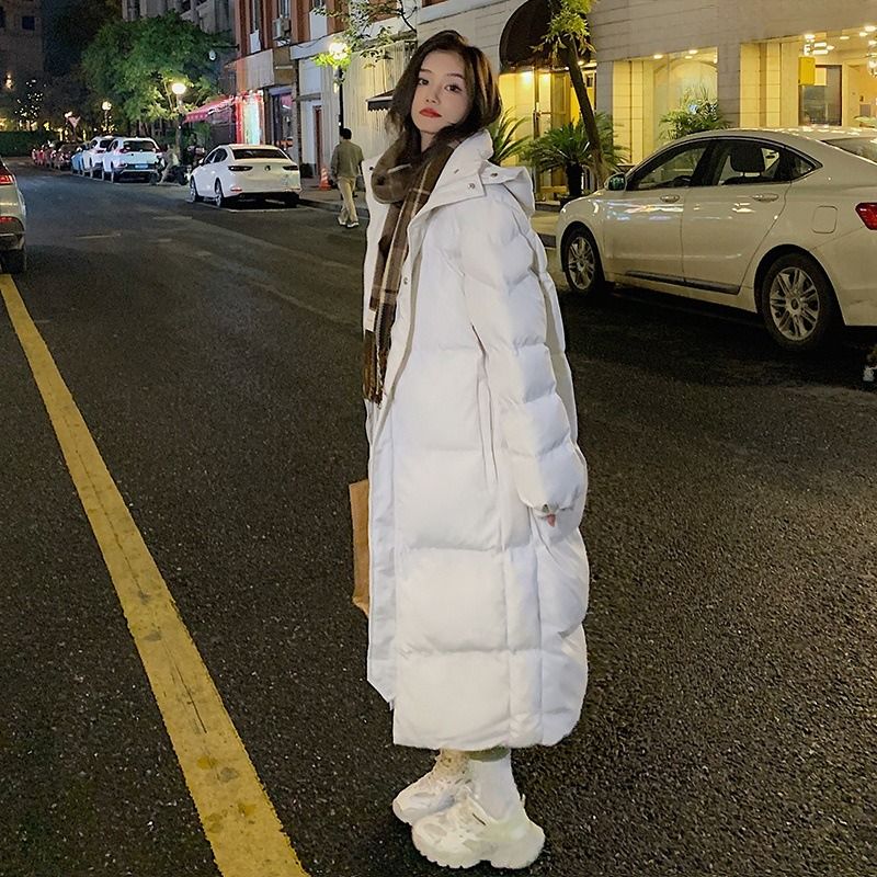 Oversized lange gewatteerde jas voor dames – Koreaanse stijl knielange winterjas met capuchon en diepe zakken (beige/zwart, grote maten beschikbaar)_voghion.com