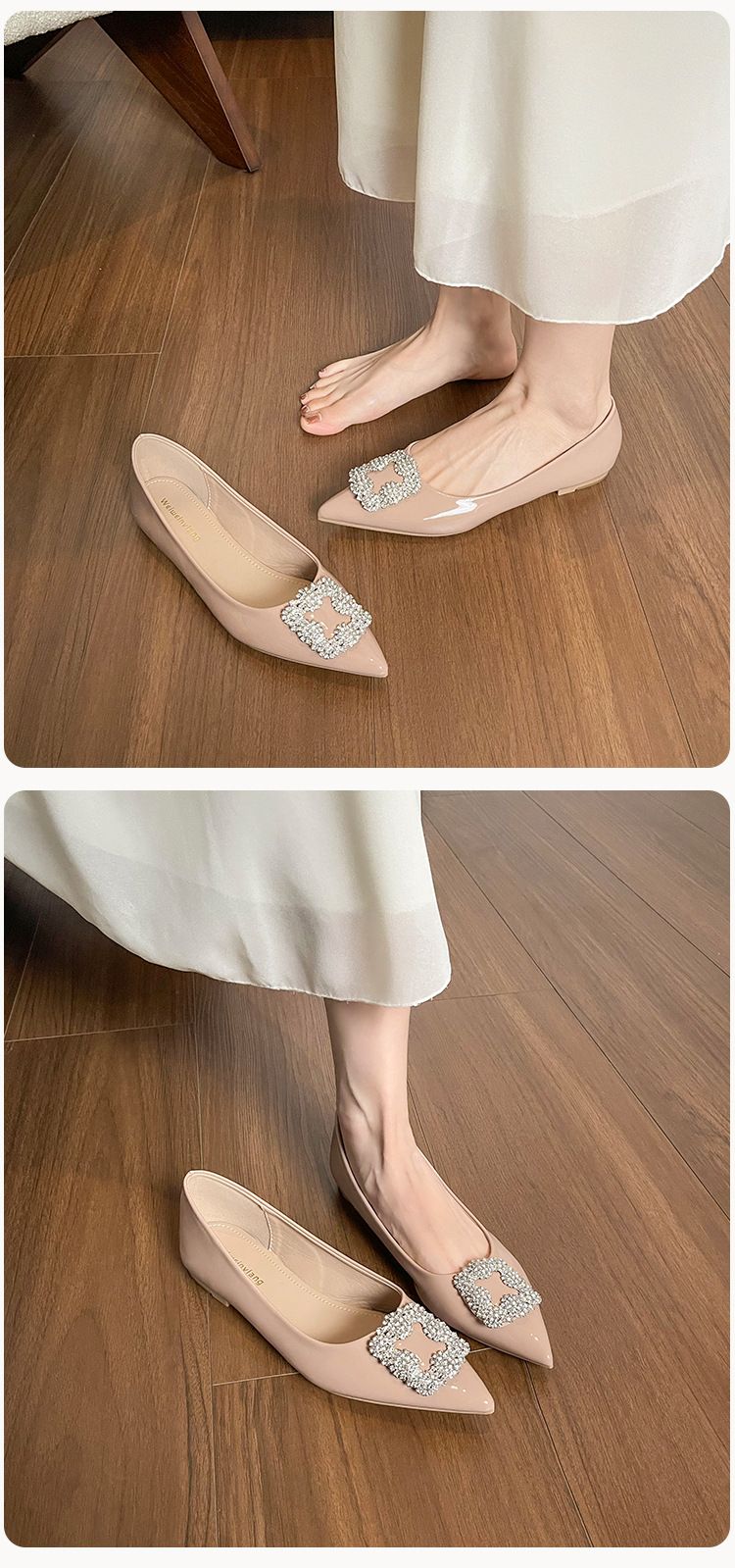 Zapatos franceses sencillos y poco profundos para mujer, zapatos planos de hada con un solo pedal y punta de diamantes de imitación para boda._voghion.com