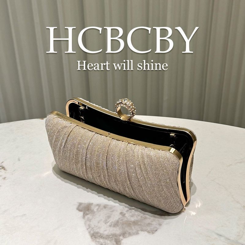 Champagne Color Shiny Pleated Elegant Small Handbag Gorgeous Rhinestone Chain Clutch Bag Ladies Fashion Temperament Evening Bag_voghion.com
