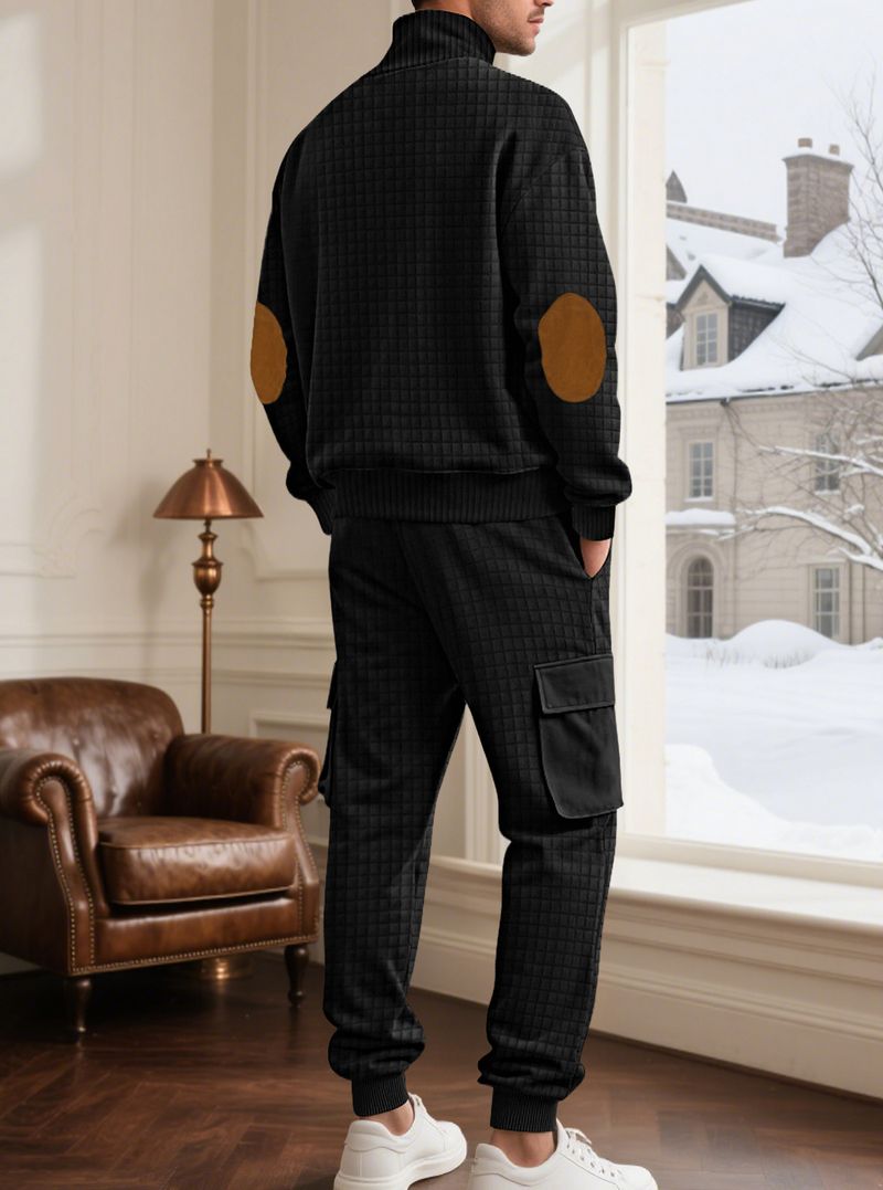 Conjunto de sudadera con capucha y joggers de punto a cuadros para hombre: 2 piezas, estilo informal de negocios, 100 % poliéster, resistente a las arrugas y transpirable._voghion.com