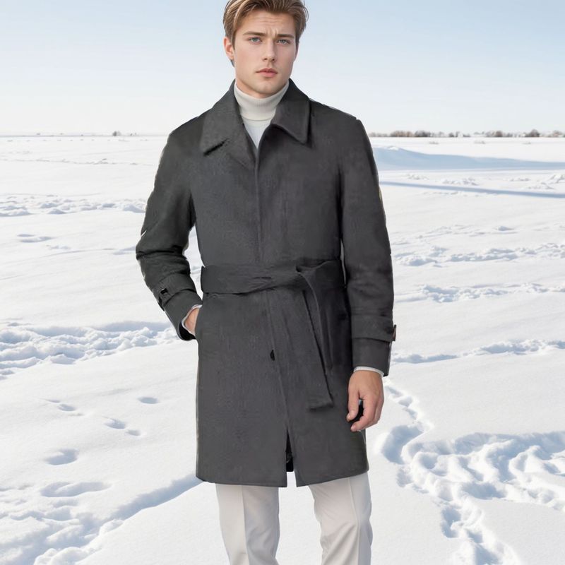 Herren-Wolljacke Herbst/Winter 2024: Raglanärmel, Umlegekragen, mittellang, mit Gürtel, Freizeitmantel_voghion.com