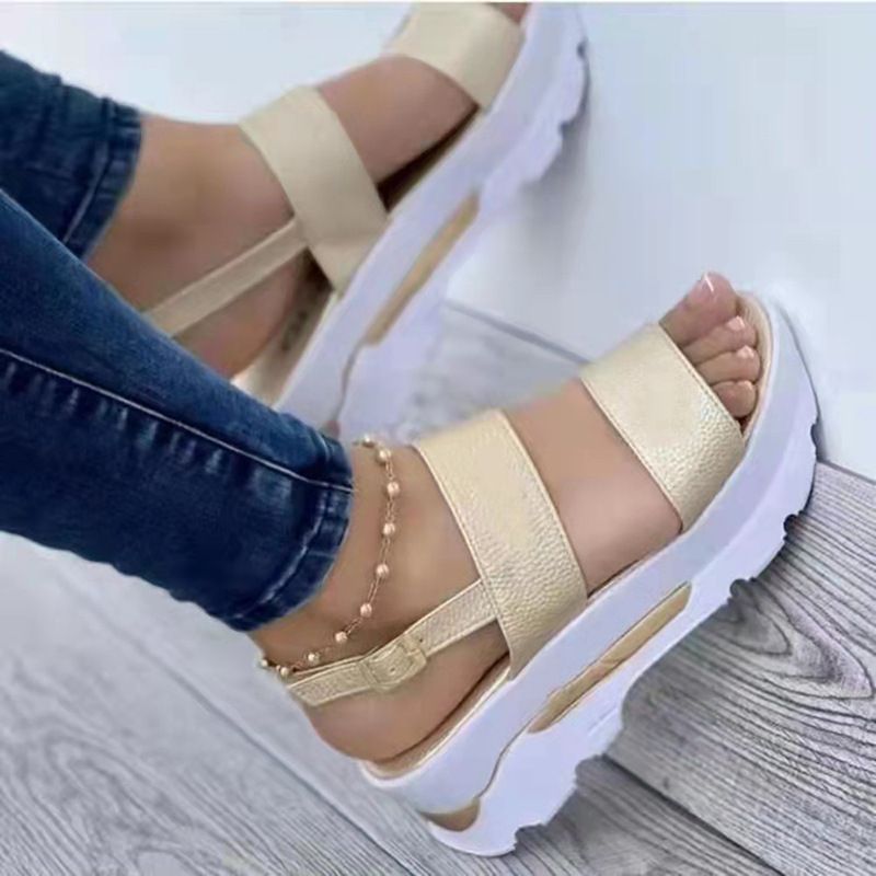 Plus Size Women's Shoes 2023 Summer New One-Strap British Style Thick Sole Wedge Peep Toe Casual Sandals For Women_voghion.com