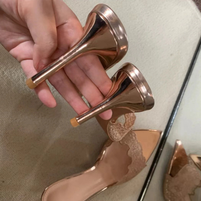 Spitze High Heels Hausschuhe spitzen dünnen Absatz nicht müde Füße High Heels Champagner Mode sexy draußen tragen_voghion.com
