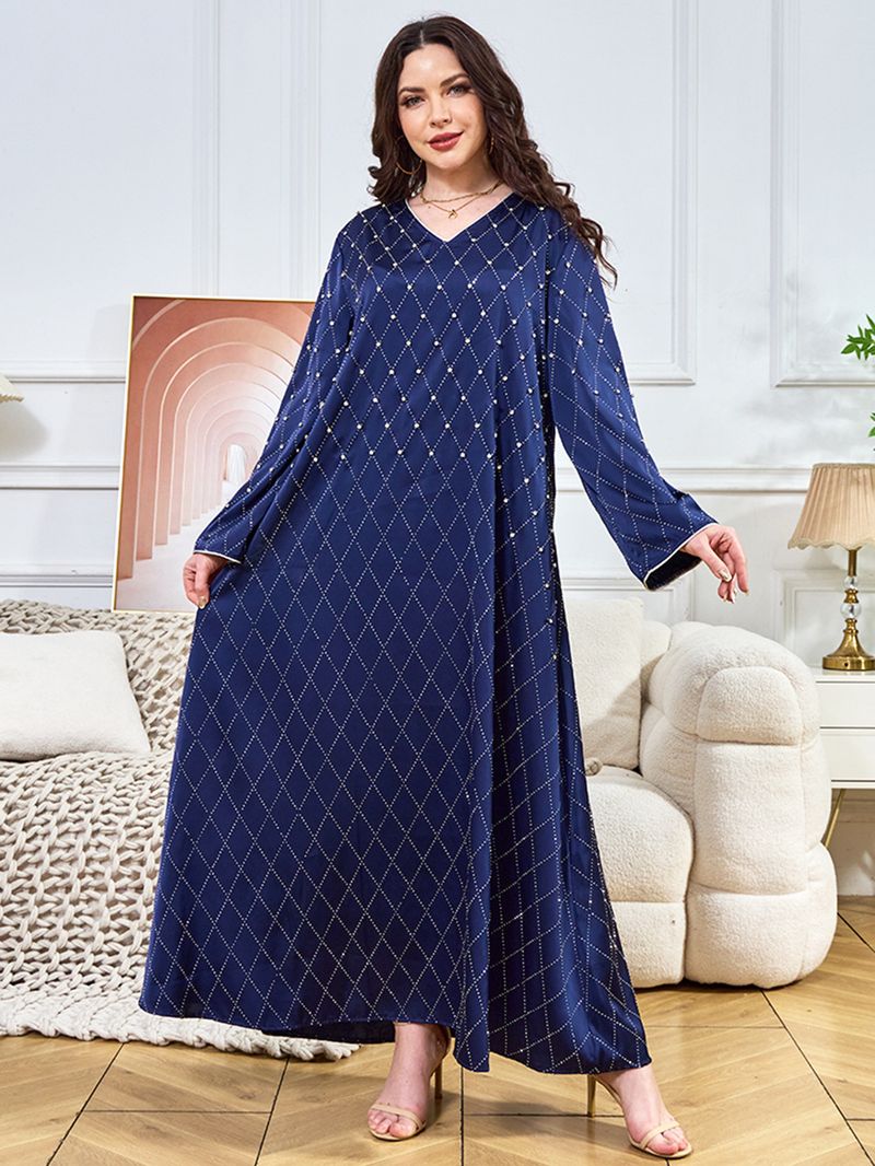 Muslimisches Partykleid für Damen – Langärmliges Retro-Abaya mit Diamant-Nagelverzierungen_voghion.com
