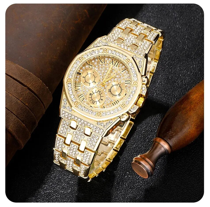 Men's luxury stainless steel gold bracelet, hip-hop diamond, large dial, business, quartz watch, fashionable_voghion.com