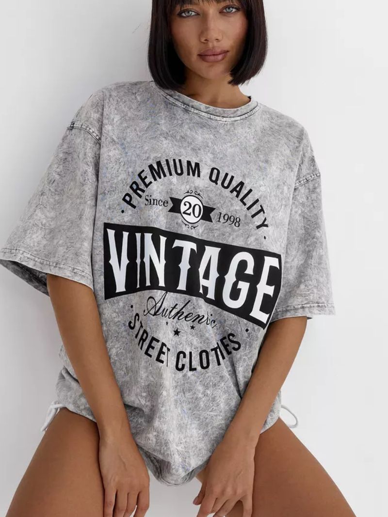 Vêtements pour femmes, style vintage délavé, style ancien, t-shirt en pur coton, mode féminine, all-match, décontracté, tendance_voghion.com