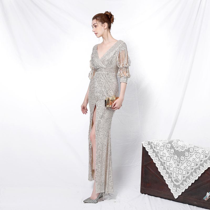 Women's Clothing Banquet Style Elegant Long Sleeves Sequinned Aura Queen Fishtail Evening Dress_voghion.com