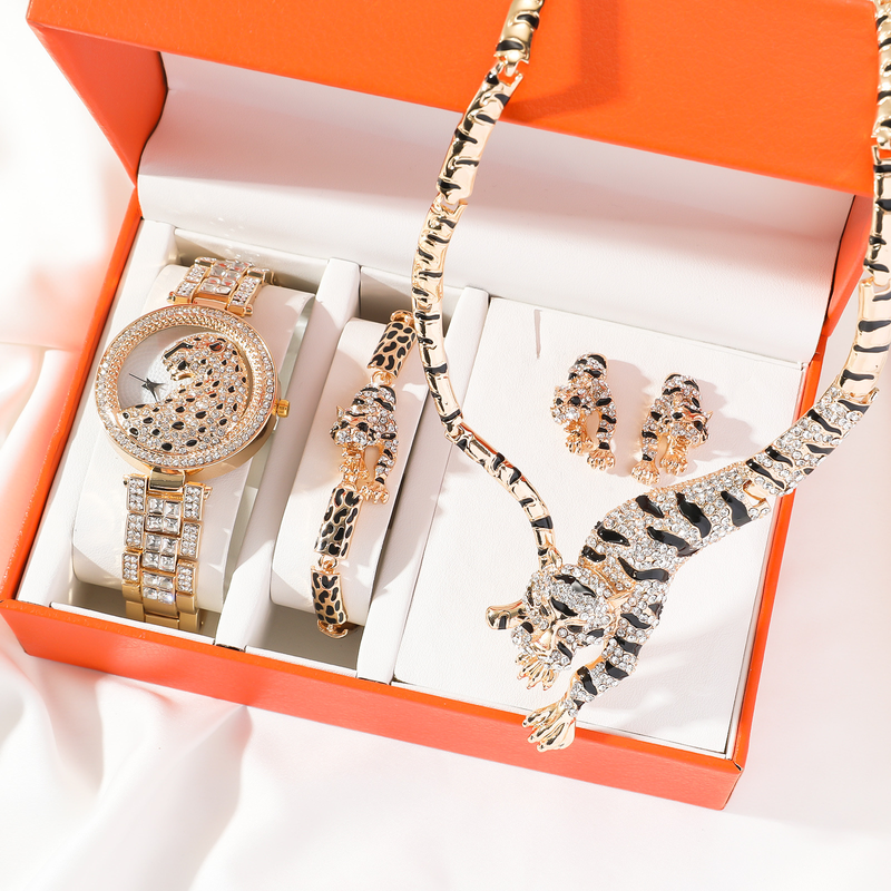 2023 nuova vendita calda 5 pz/set orologio da donna set alla moda e alla moda testa di leopardo cinturino in acciaio orologio al quarzo set regalo_voghion.com