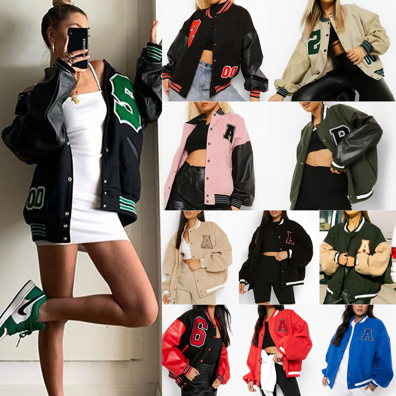 Chaqueta de béisbol engrosada de lana con letras para mujer_voghion.com