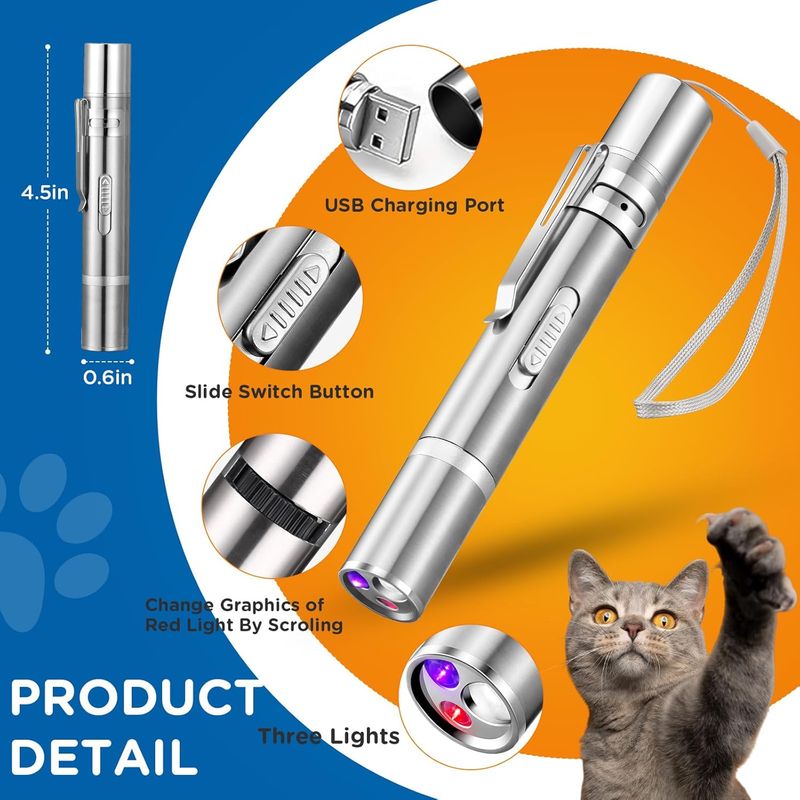 Katzen-Pointer-Spielzeug, 2er-Pack, Katzen-Pointer-Spielzeug mit rotem LED-Licht für drinnen, über USB wiederaufladbar, 3 Lichtfarben, interaktives Haustierspielzeug, Lauflerntraining, interaktiv_voghion.com