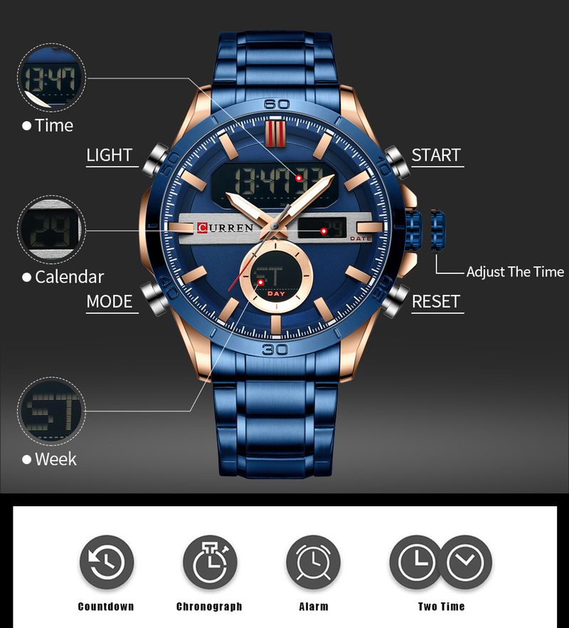 Men's Digital Analog Sports Watch With Waterproof Functionality, Round Dial, Quartz Movement, Alloy Strap For Business And Casual Wear_voghion.com